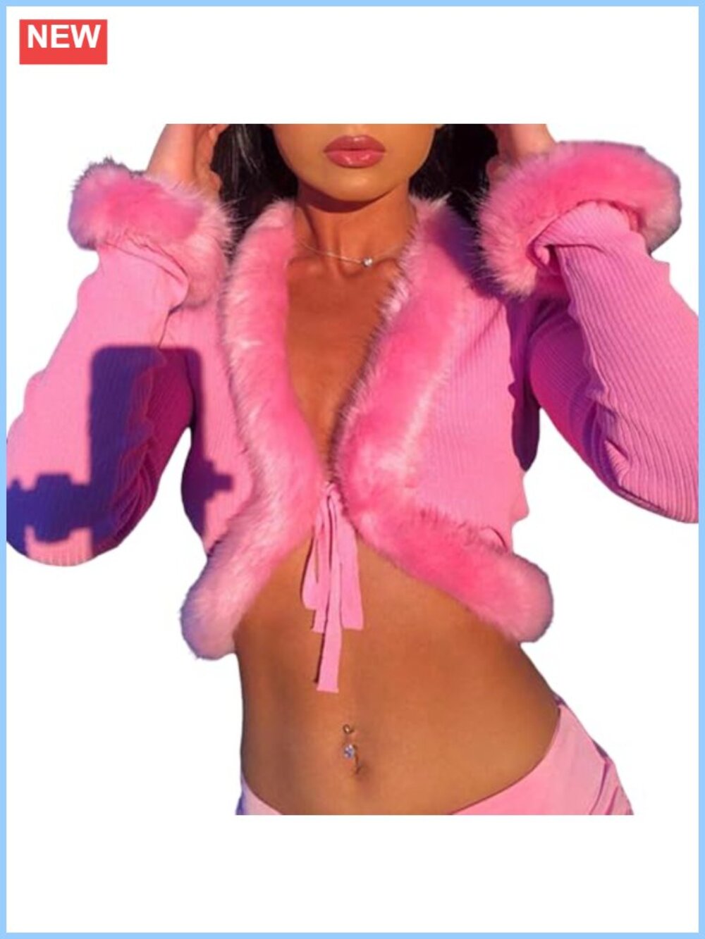 Faux Fur Trim Cropped Cardigan Tie Front Long Sleeve Y2K Party Sweater